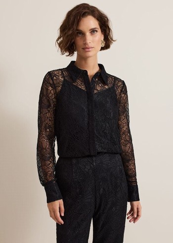 Phase Eight Livana Lace Shirts Black USA | 3708924-FE